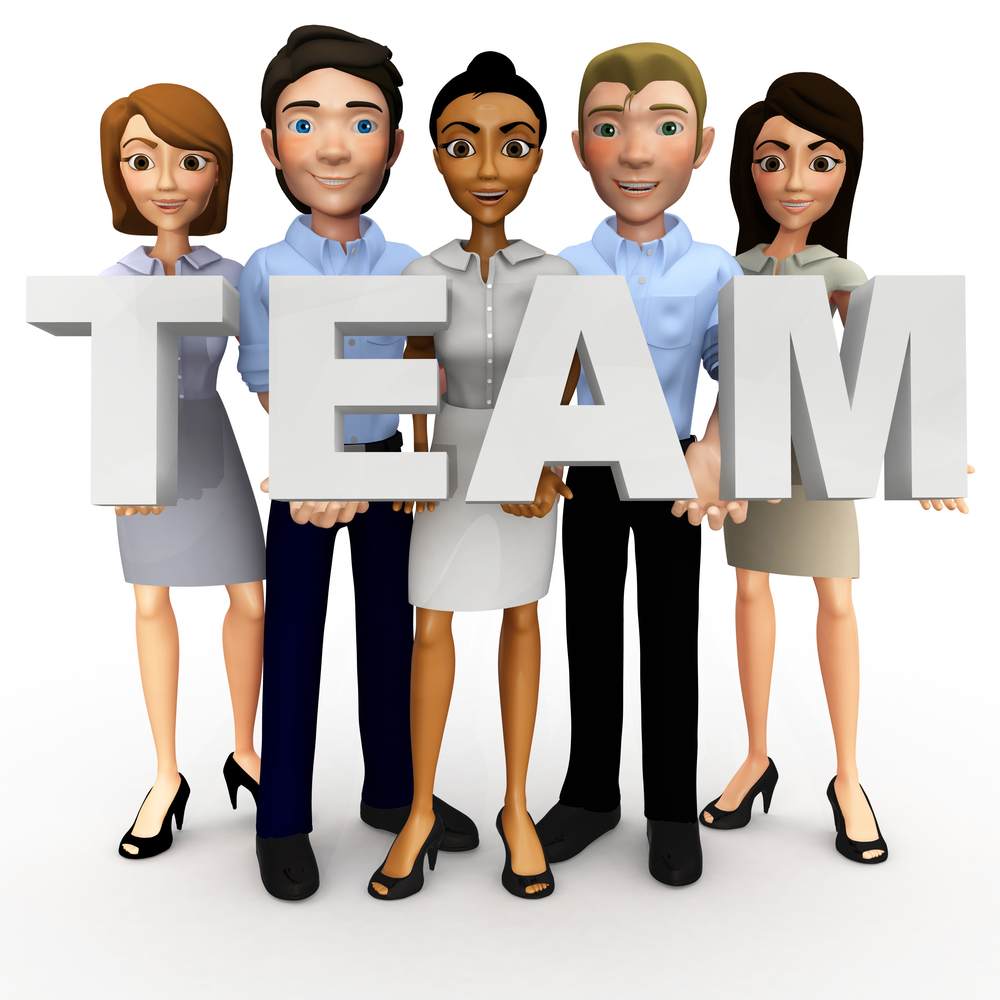 3D business people holding the word team - isolated over a white background